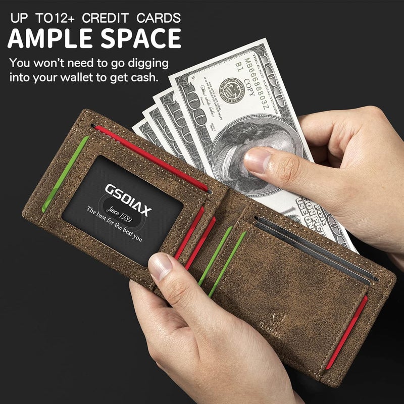 GSOIAX Slim Wallet for Men RFID Blocking Bifold Wallet Carbon Fiber Front Pocket Wallet with 11 Card Holder Minimalist Mens Wallet with Gift Box (Leather Brown) - Image 4